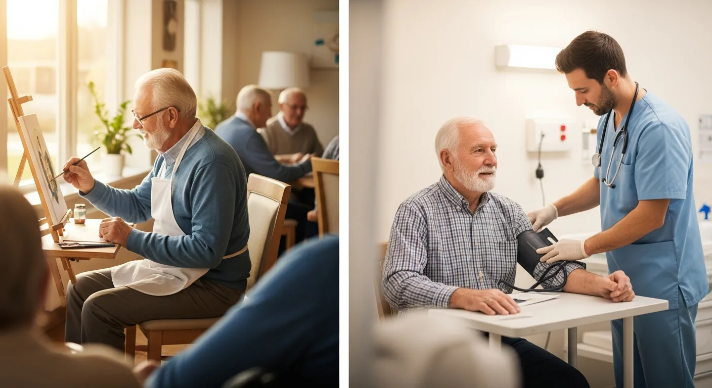 Senior man learning the difference between assisted living and nursing home care options in a well-lit residential office.