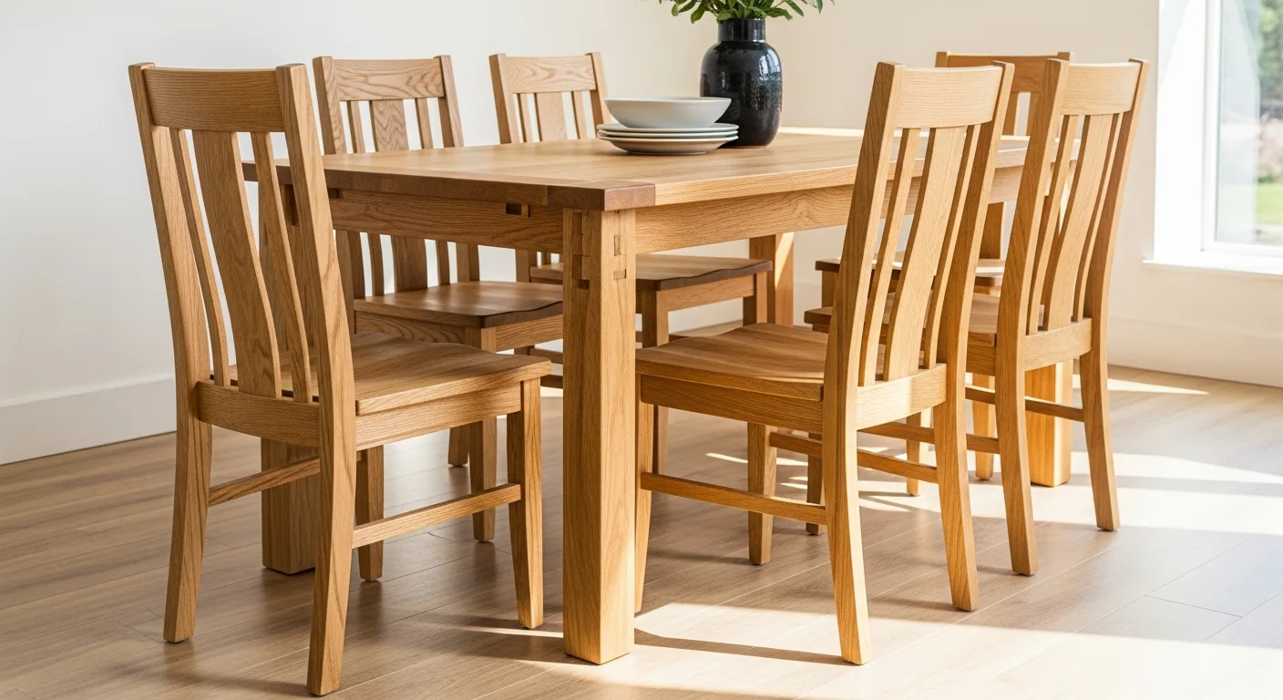 High-quality solid wood dining room furniture set including a large table and matching chairs in a bright room.