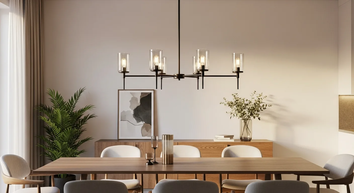 A modern pendant dining room lighting fixture hanging over a wooden table in a stylish, contemporary home.