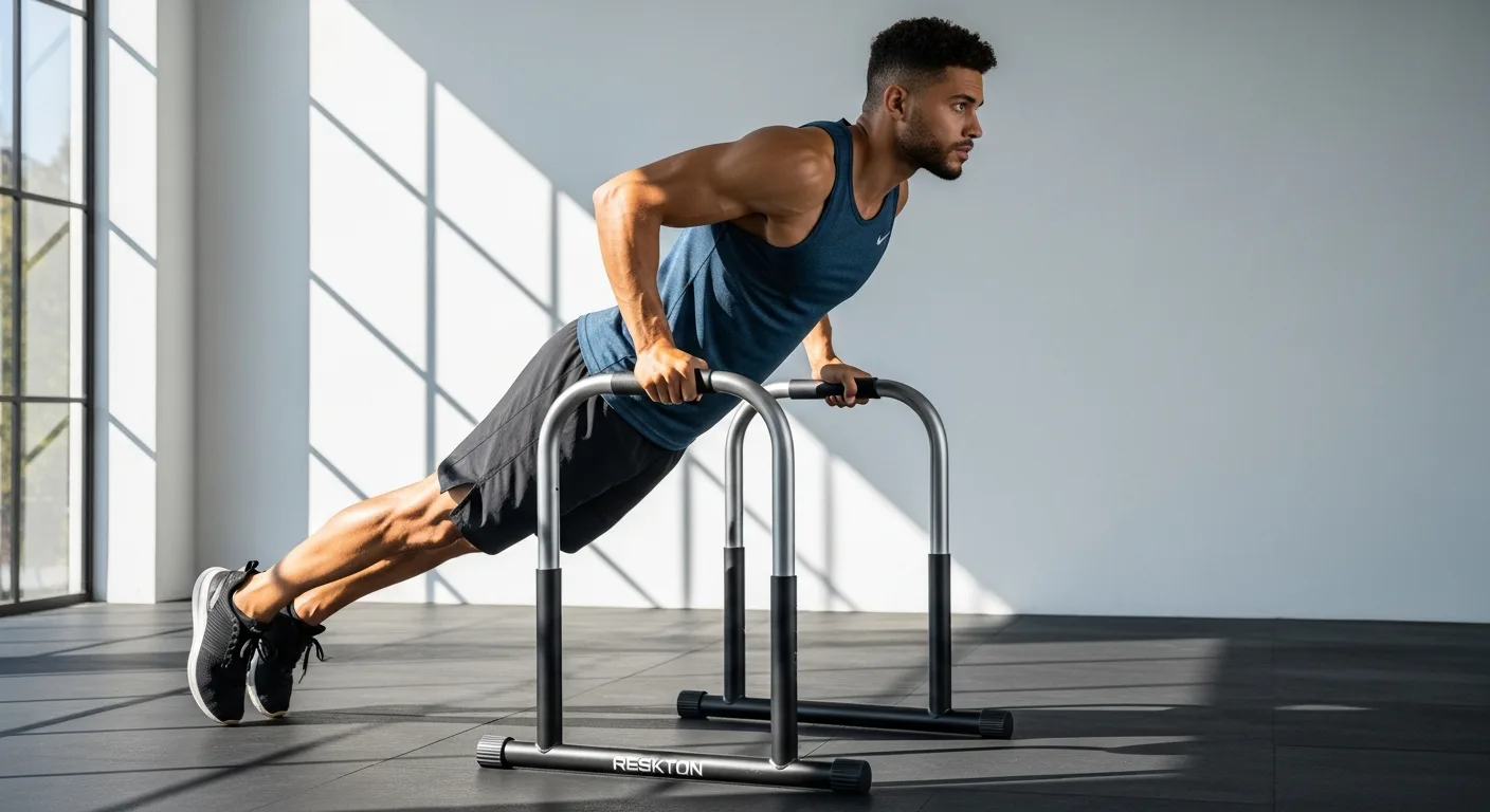 A fit man using sturdy dip bars for home workouts in a clean, modern apartment setting.