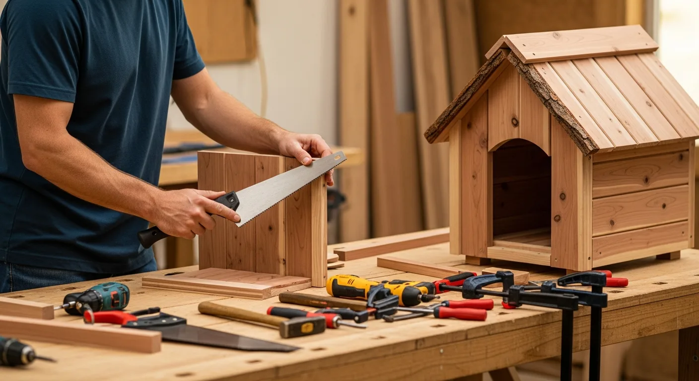 A man assembling a sturdy diy dog house with wooden planks and professional tools in a backyard workshop.