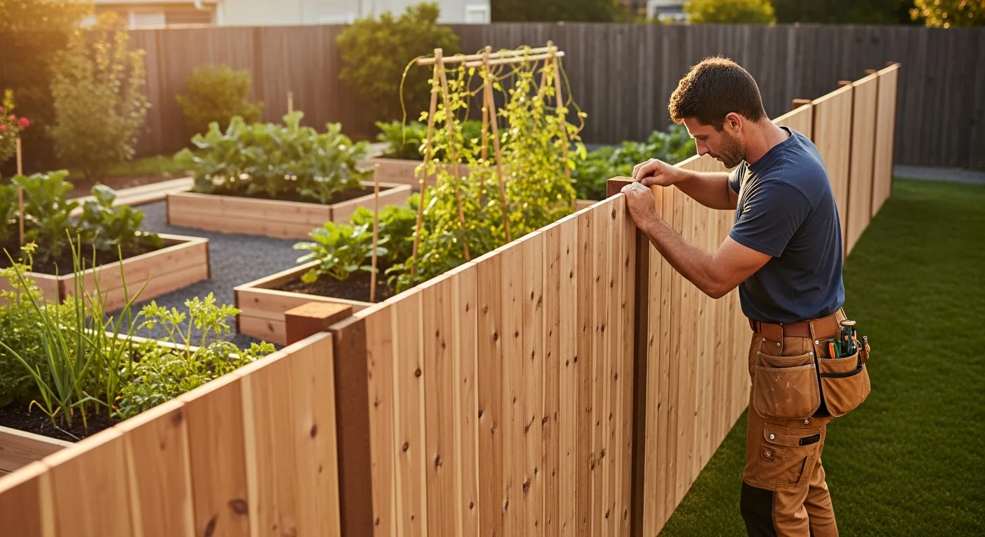 A man installs a sturdy diy garden fence around a lush backyard vegetable garden in the afternoon sun.