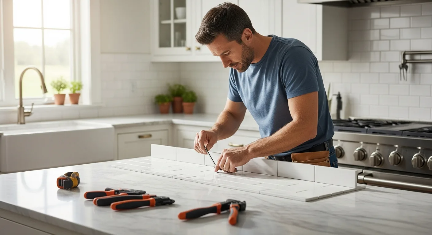 A man upgrading a kitchen backsplash, showcasing high-value diy home improvement projects for homeowners.