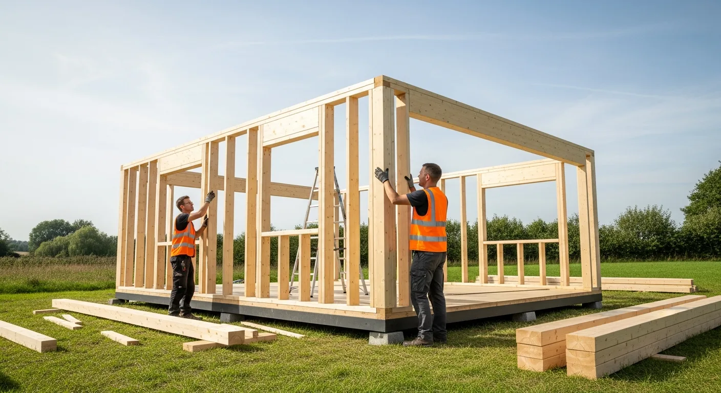 A modern sustainable diy house kit under construction in a scenic forest setting.