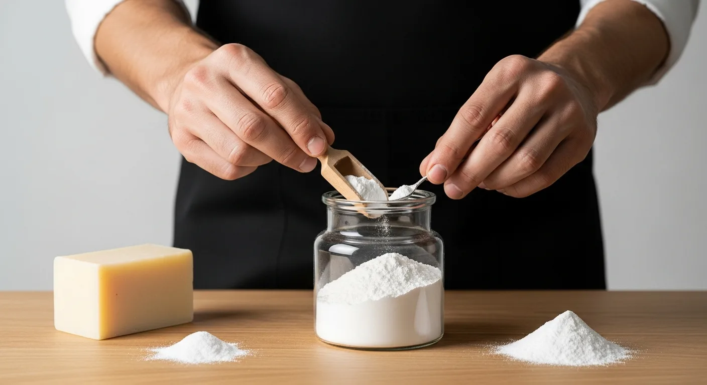 A glass jar filled with homemade diy laundry detergent powder and a wooden scoop on a clean laundry room counter.
