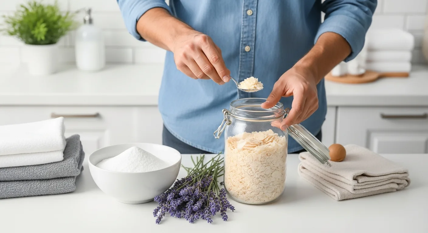 A man mixing natural ingredients for a homemade diy laundry detergent in a clear glass jar on a wooden table.