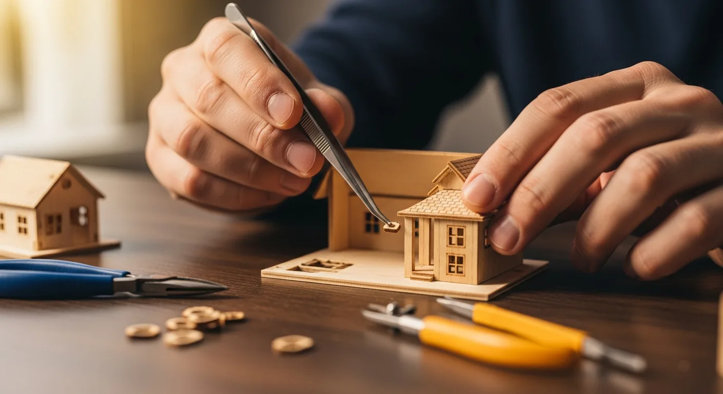 A man using precision tools to assemble a detailed diy miniature house on a wooden hobbyist workbench.