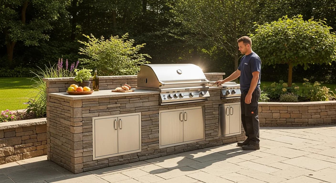 Modern diy outdoor kitchen featuring a built-in grill and stone countertops on a paved backyard patio.