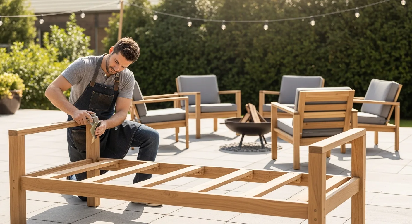 A man assembling handcrafted diy patio furniture made of cedar wood on a sunny backyard deck.