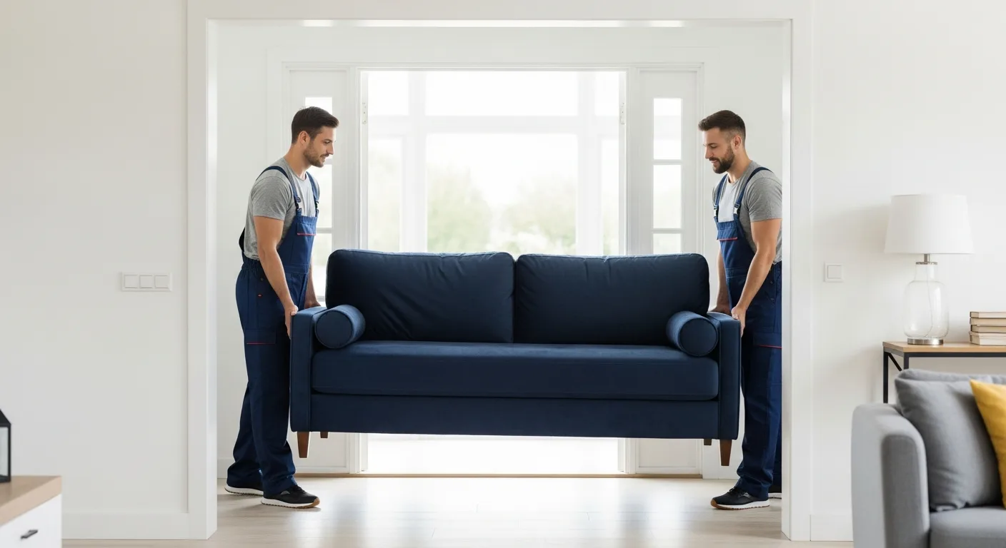 Professional movers carrying a modern sofa into a home, illustrating the guide on do you tip furniture delivery.