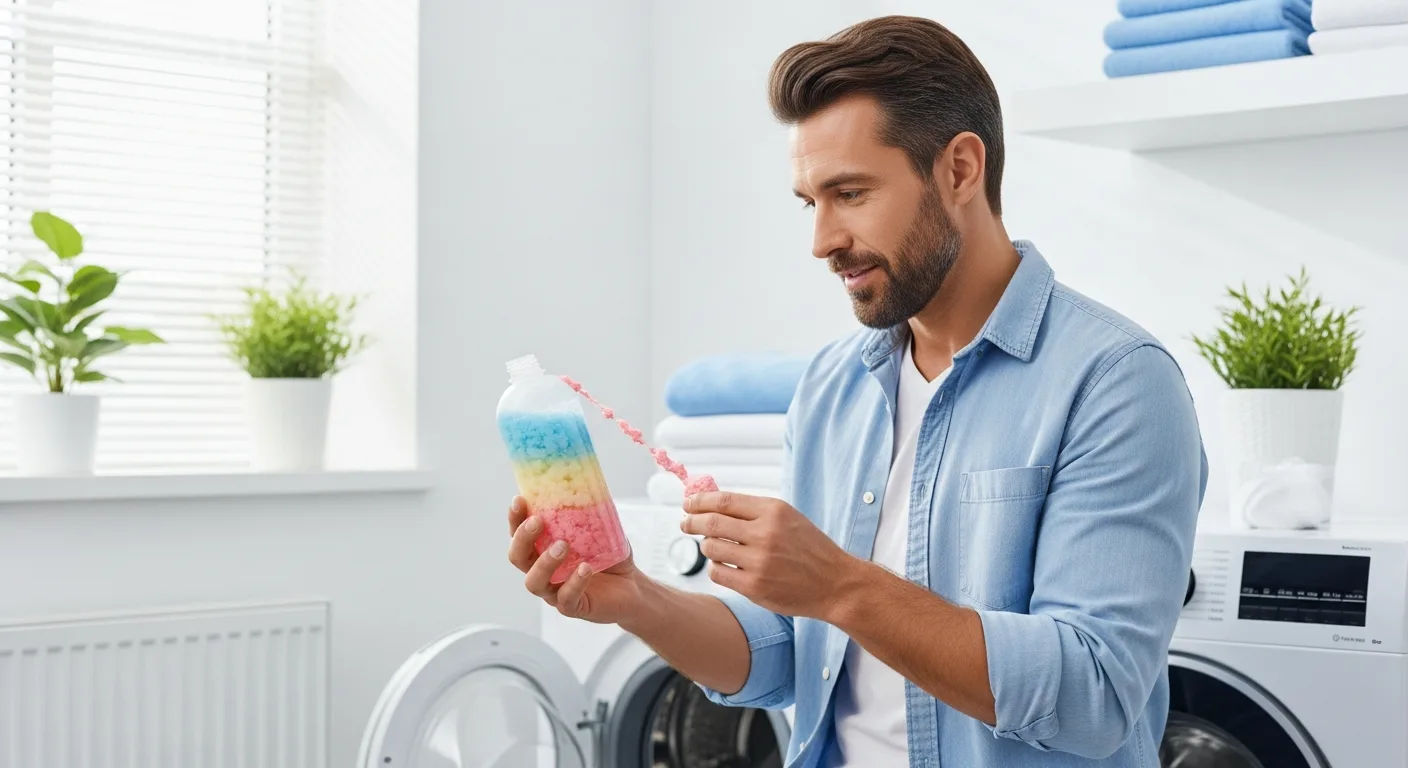 A man inspecting a bottle of liquid soap to determine does laundry detergent expire after long-term storage.