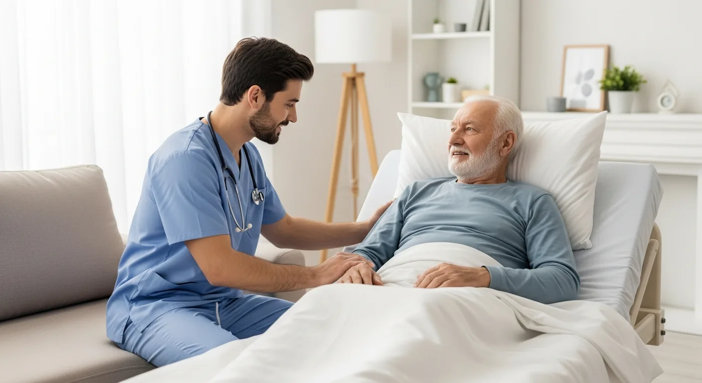 A man researching does medicare cover 24-hour in home hospice care while a male nurse provides bedside support.