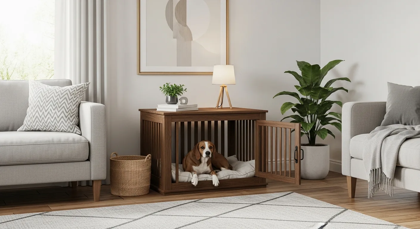 A stylish wooden dog cage furniture piece used as an end table in a modern, pet-friendly living room.