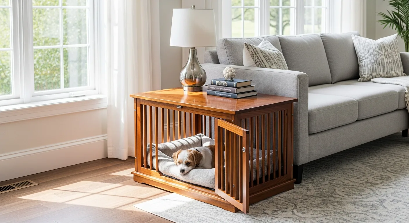 Elegant dog crate furniture styled as a wooden end table in a modern living room.