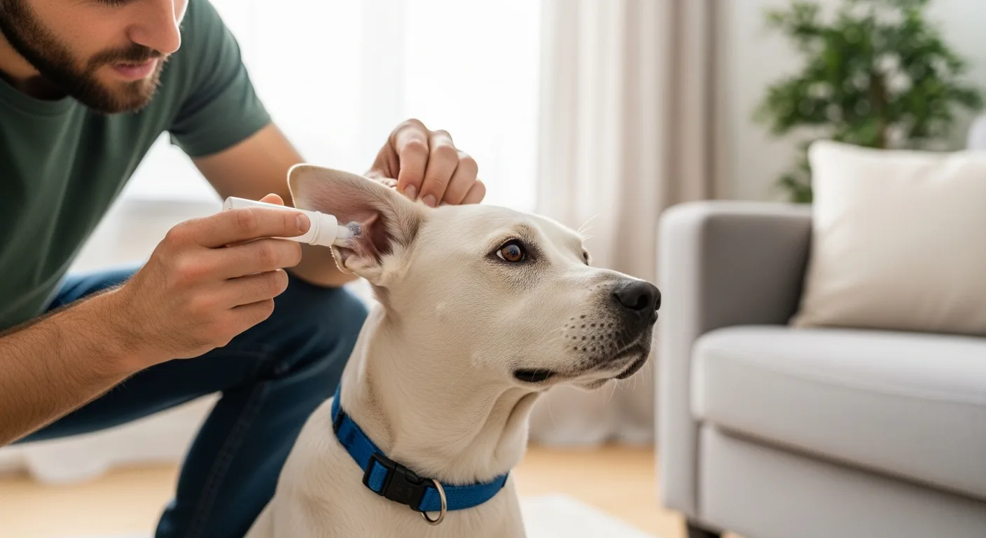 A man applying a dog ear infection home remedy to a Golden Retriever's ear in a bright, indoor setting.