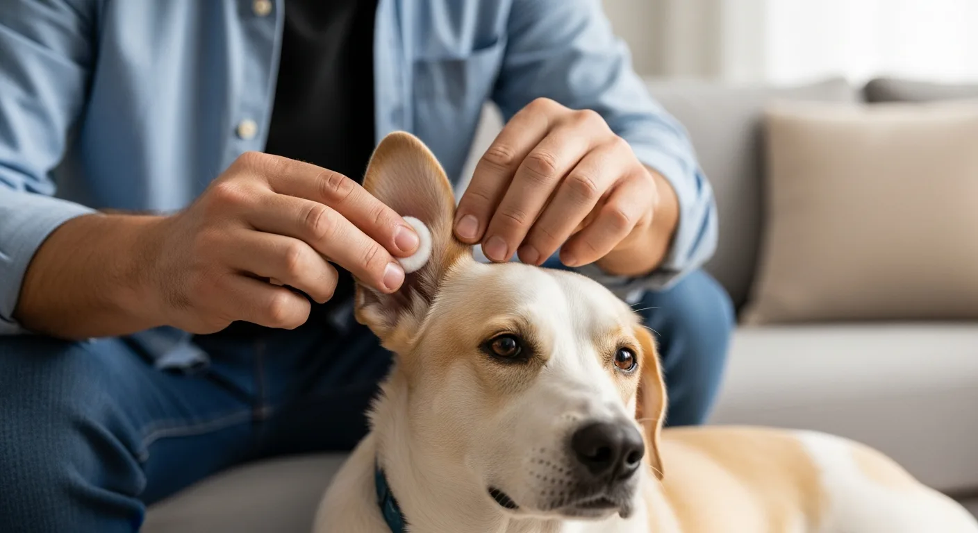 A man performing a safe dog ear infection treatment at home on a calm Golden Retriever.
